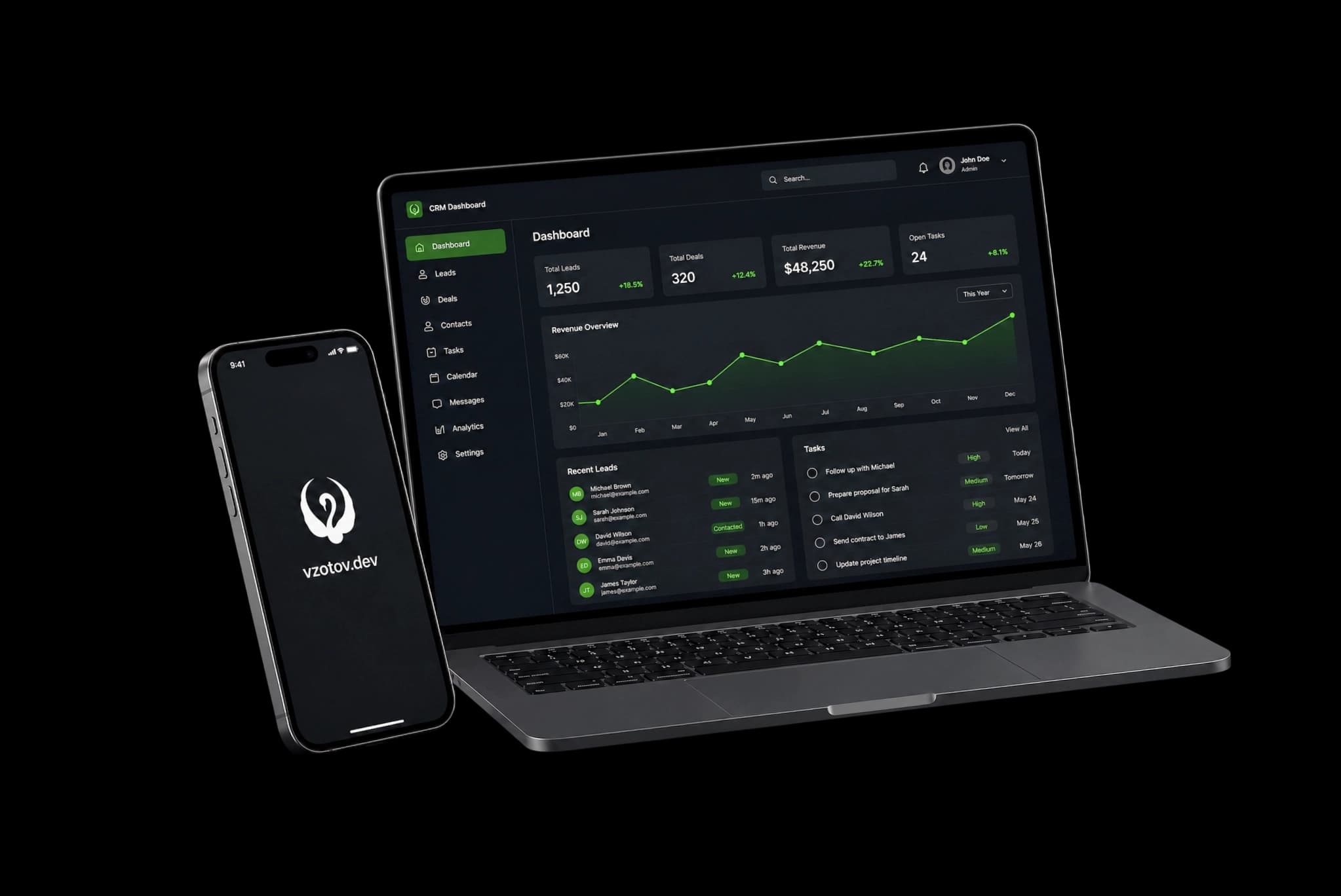 Ноутбук с CRM-панелью и iPhone с логотипом vzotov.dev